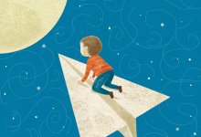 An illustration of a little boy riding a paper airplane to the moon