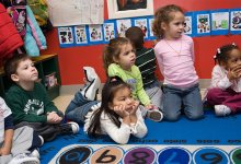 Pre-school children sitting on rug in classroom