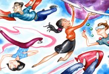 An illustration of five students flying through the sky like superheroes, holding paint brushes, science molecules, a planet, panels, and a rocket. 