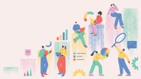 Illustration of teachers on top of various forms of data