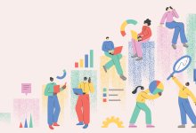 Illustration of teachers on top of various forms of data