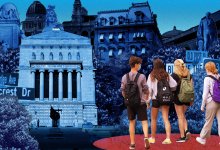 Photo collage of four teenage students walking towards a collection of memorials, buildings, and statues
