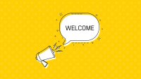 Illustration of a megaphone with the word welcome in a speech bubble