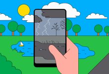 Illustration of phone with stormy scene covering a scene showing a sunny day