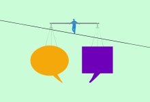 Illustration of person balancing speech bubbles