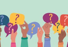 Illustration of hands holding speech bubbles containing question marks