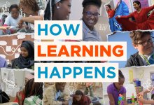 Photo collage of images of teachers working with students of all ages with overlaid text saying How Learning Happens.