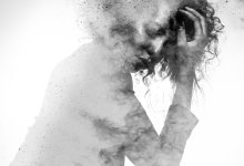 A black and white illustration of a young woman looking distressed